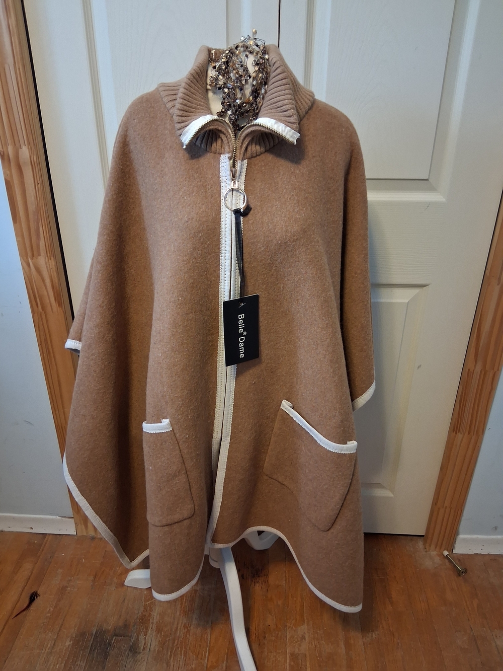 Camel Zip-Front Cape with Contrast Trim